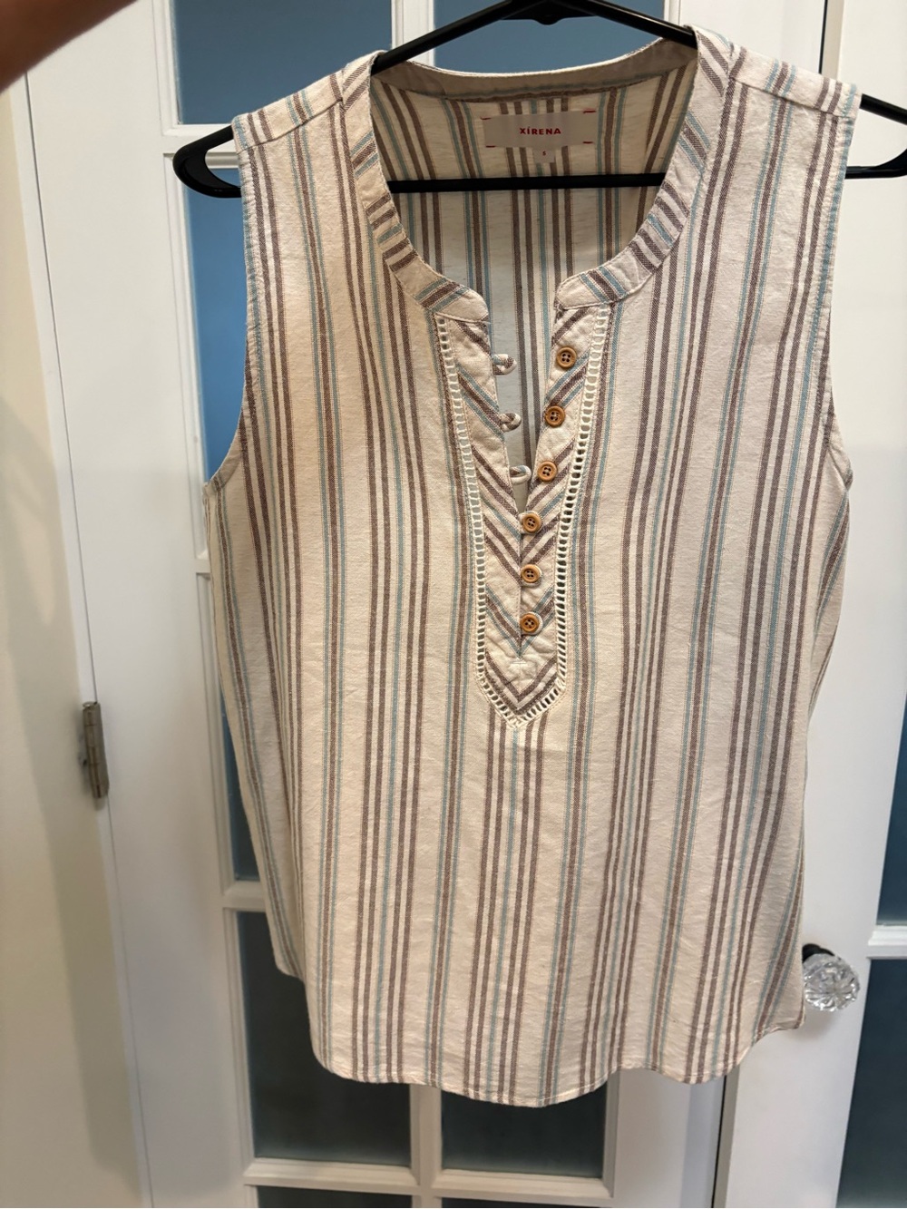 XiRENA Cream Tank with Taupe and Dusty Blue Stripes and Henley Buttons
